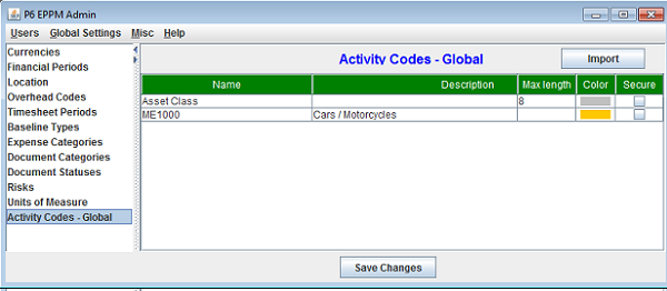 import global activity codes